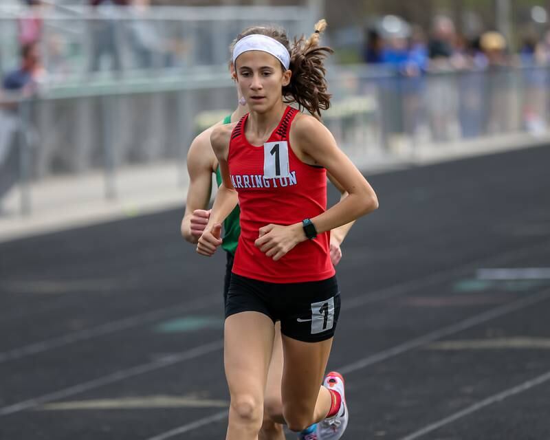 Barrington's Scout Storms finishes first in heat 2 in the 3200 at the Glenbard West's Sue Pariseau Girls Track and Field Invitational.  April 23.2022.