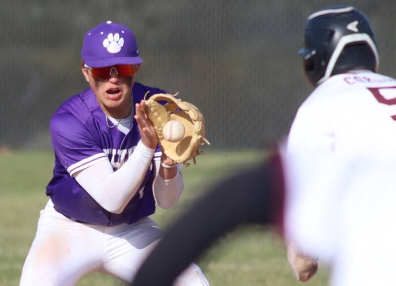 Hampshire’s Shane Pfeiffer handles an infield chopper in varsity baseball on Wednesday, April 16, 2025, at Prairie Ridge High School in Crystal Lake.