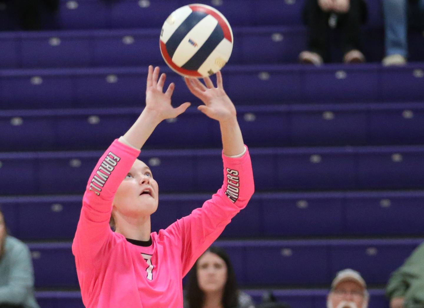 Earlvile's Bailey Miller hits the ball agaist Parkview Christian during the Class 1A Regional semifinal game on Monday, Oct. 28, 2024 at Serena High School.