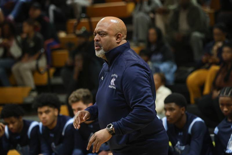 Kankakee head coach Chris Pickett walks the sidelines against Joliet West on Wednesday, Feb. 18, 2026 in Joliet.