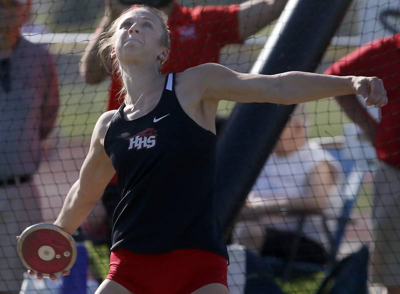 Huntley’s Sienna Robertson throws the discus during the Huntley IHSA Class 3A Girls Sectional Track and Field Meet on Wednesday, May 8, 2024, at Huntley High School.