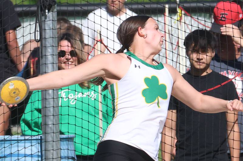 Seneca's Haiden Lavarier throws discus during the Class 1A Sectional meet on Thursday, May 14, 2026 at Seneca High School.