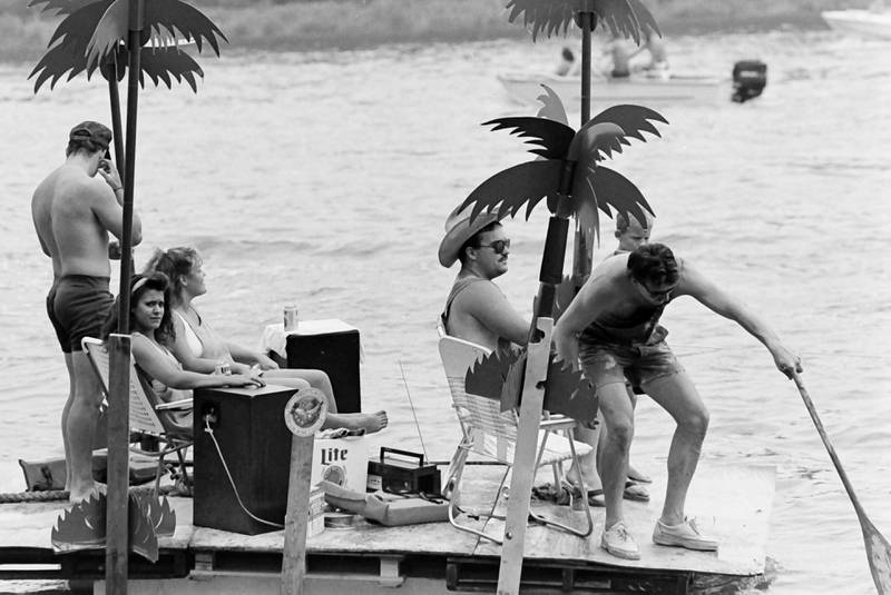 The Anything That Floats races were held from 1978-1986 each year in Peru. Contestants received a free case of Old Style beer upon entering. The rules were simple. To enter, participants needed to build a raft less than 50 feet in length and each person had to have a life jacket on board whether you wore it or not. A rope had to be attached to the raft for towing. Rafts were made from styrofoam, inter tubes or barrels. A minimum of two paddles were required on the float. Rafts were launched at the Starved Rock Boat Ramp and finished at the Peru boat launch area. Over time, the event grew and got to big and out of control that organizers had to scrap it. This photo was found in the La Salle NewsTribune archives.