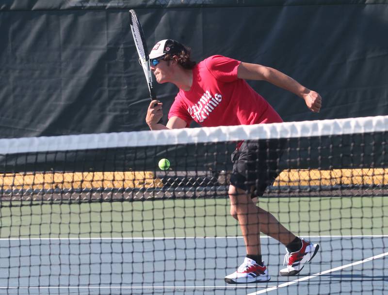 Ottawa's Caden Walter plays tennis against L-P at the Henderson-Guenther Tennis Facility on Monday, Monday, May 6, 2024 at Ottawa High School.