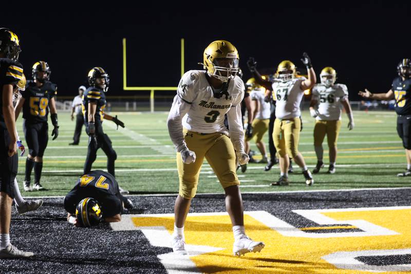 Bishop McNamara's Julius May celebrates a touchdown during the Fightin' Irish's 45-28 victory over Herscher on Friday, Sept. 5, 2025.