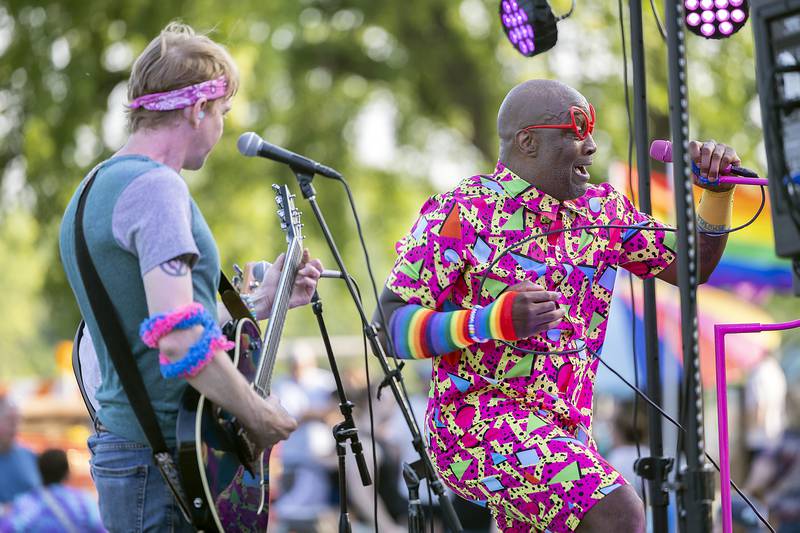 Invisible Cartoons, a staple for Sauk Valley Pride Fest, entertains the crowd Saturday, June 14, 2025, at Page Park in Dixon.