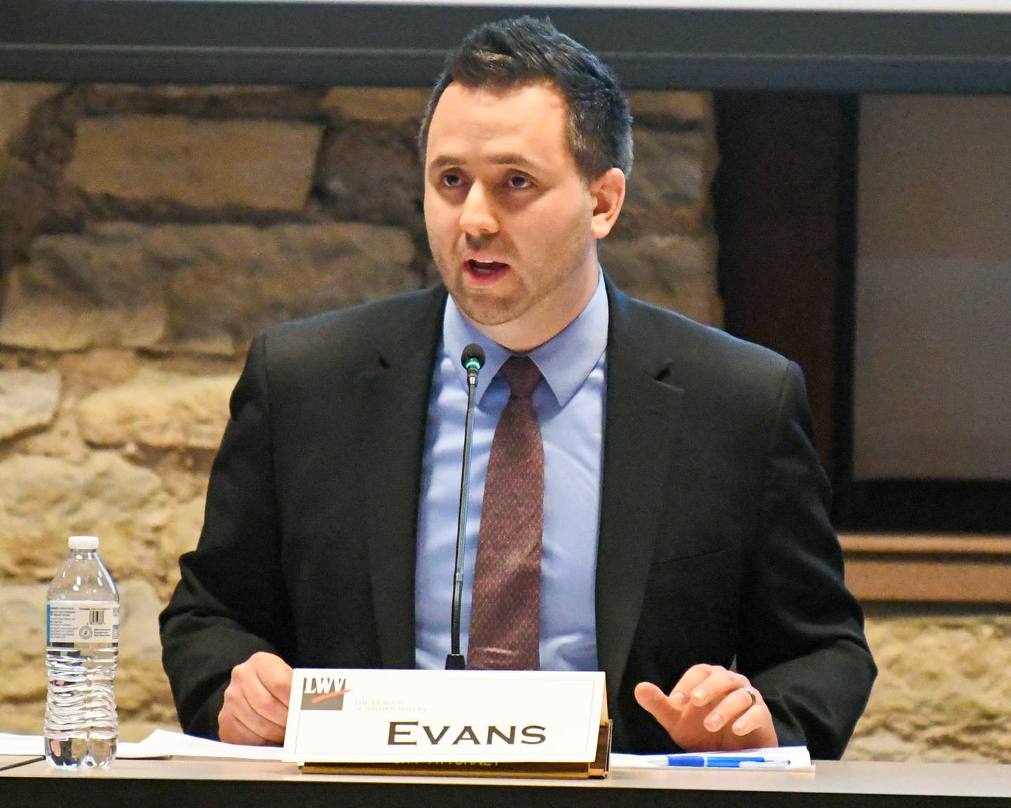 Jerry Evans provides answers to questions that were asked by community members during a forum held on Thursday Feb. 24, 2024, at Batavia’s City Hall.