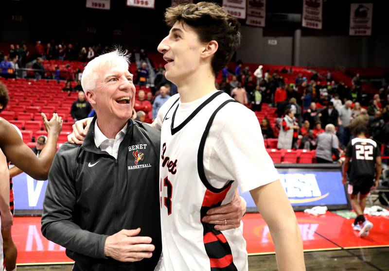 Mike Connelly celebrates with Benet’s Niko Abusara following their Class 4A NIU Supersectional win against Rockford Auburn in DeKalb on Monday, March 6, 2023.