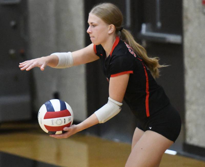 Fulton's Averi Bush prepares to serve at the Stillman Valley Tournament on Saturday, Oct. 25, 2025 at Stillman Valley High School.