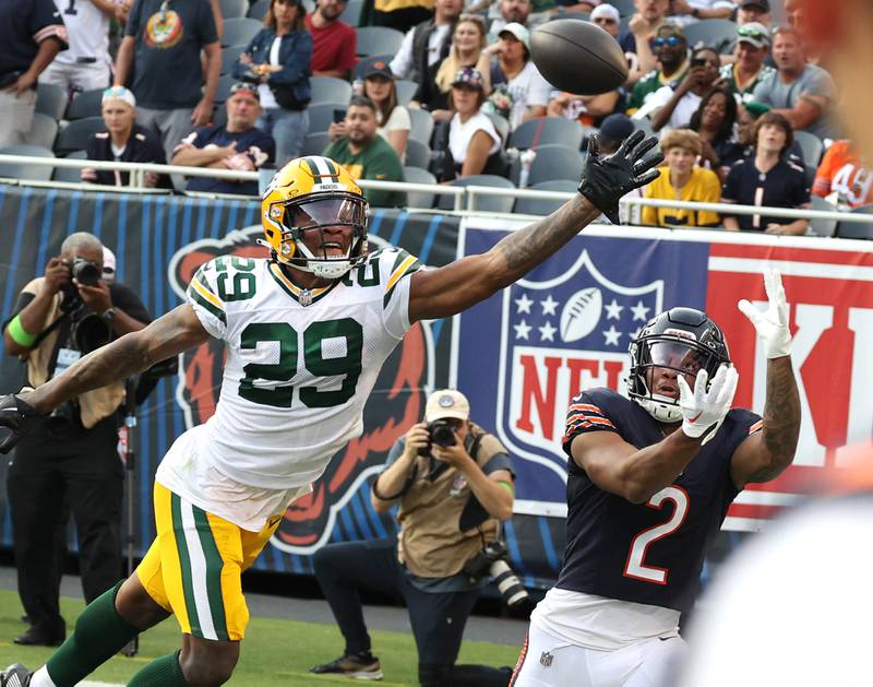 Green Bay Packers cornerback Rasul Douglas defends a pass intended for Chicago Bears wide receiver DJ Moore on a two-point conversion Sunday, Sept. 10, 2023, at Soldier Field in Chicago.