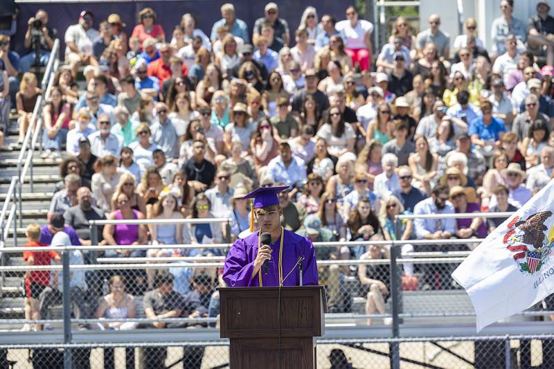DHS class of 2026 salutatorian Gage Helfrich speaks to his class Sunday, May 24, 2026, during commencement.