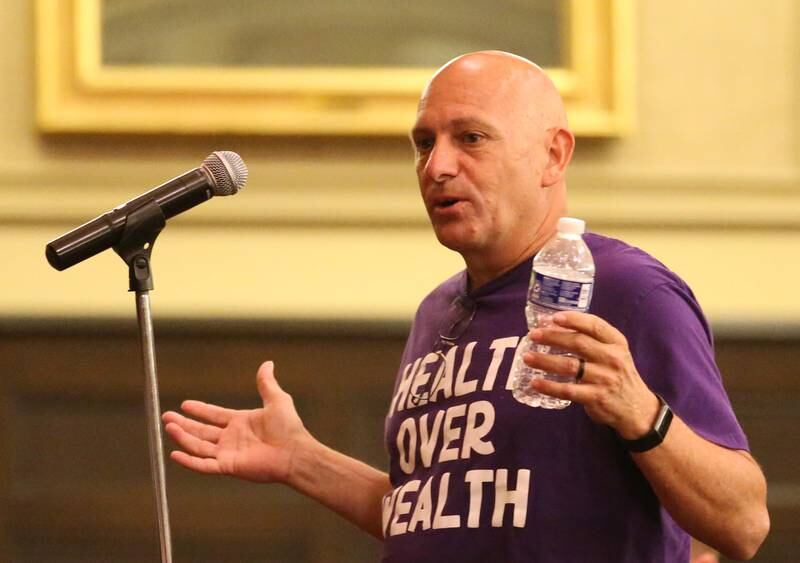 Mike Battaglia speaks during the Carus town hall meeting on Wednesday, May 10, 2023 in Matthiessen Auditorium at LaSalle-Peru Township High School.