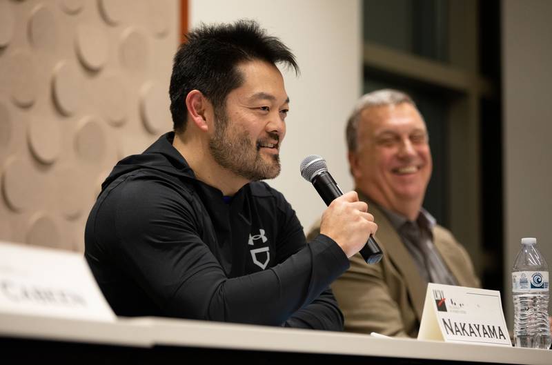 Geneva School District 304 Board Member Candidate Brent Nakayama speaks during the League of Women Voters' Public Forum at the Geneva Public Library on Thursday, Feb. 16, 2023.
