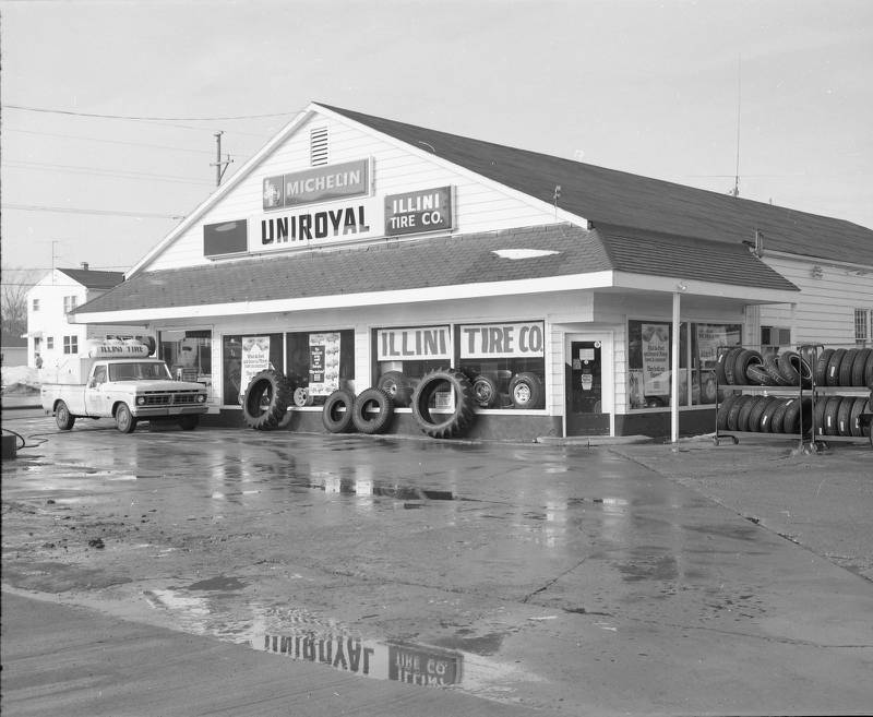 Illini Tire at Lincoln Highway and Annie Glidden Road in December 1977. The shop opened in early 1977 and held their Grand Opening March 25-April 2, 1977.