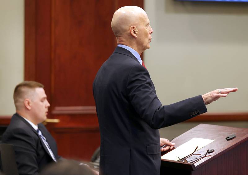 Attorney Gary Johnson, (right) lists the mitigating circumstances while asking for probation for his client, former police officer James Corralejo, (left) during his sentencing hearing Thursday, July 17, 2025, at the DeKalb County Courthouse in Sycamore. Corralejo was sentenced to four years in prison for a Class 2 felony count of driving under the influence of alcohol causing death for a 2023 crash that killed Graciela Reza Contreras.
