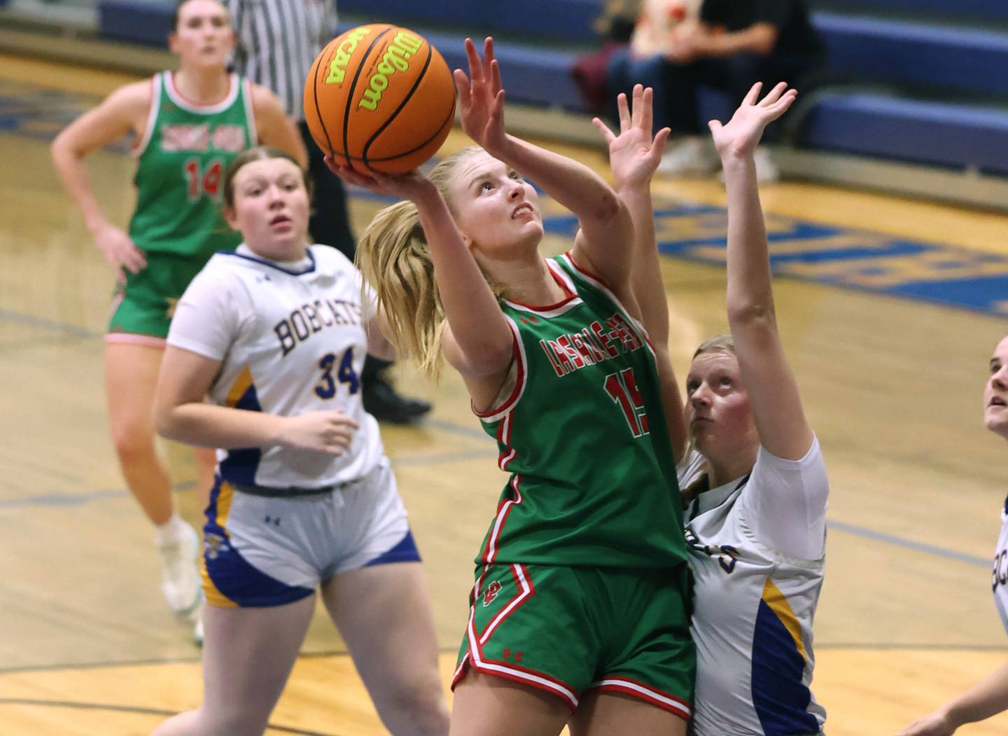 La Salle-Peru's Margaret Boudreau shoots over a Somonauk-Leland defender during their game Thursday, Nov. 20, 2025, in the Tim Humes Breakout girls basketball tournament at Somonauk High School.