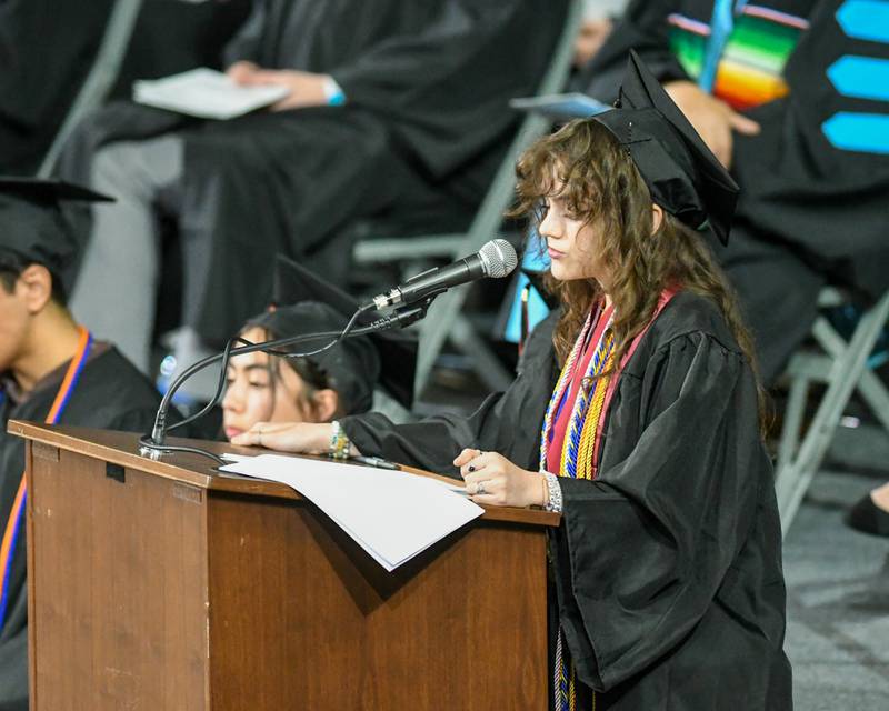DeKalb senior Taryn Prater gives a commencement address to her peers on Saturday, May 24, 2025, during the Class of 2025 Commencement ceremony held at the NIU Convocation Center in DeKalb.