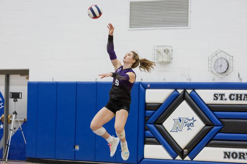 Downers Grove North's Kelly Crowley serves against St. Charles North on Thursday Oct. 23, 2025 in St. Charles.