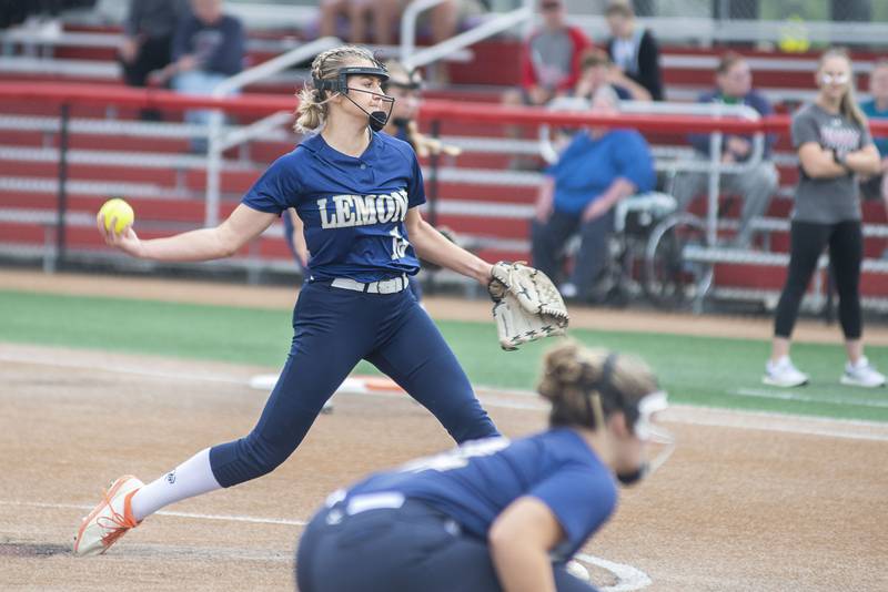 Lemont’s Sage Mardjetko fires a pitch against Antioch Friday, June 10, 2022 in the class 3A IHSA state softball semifinal game.