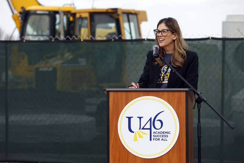 Elgin Area School District U-46 Superintendent Suzanne Johnson speaks during a groundbreaking ceremony Wednesday in South Elgin for an expansion at Kenyon Woods Middle School. U-46 will begin work this spring on additions at Kenyon Woods and Kimball middle schools and construction of a new middle school in Elgin.