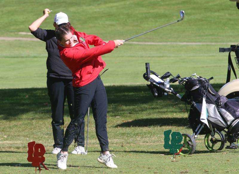 L-P's Allie Thome tees off during the Class 2A Regional girls golf meet on Tuesday, Oct. 1, 2024 at Senica's Oak Ridge Golf Club in La Salle.