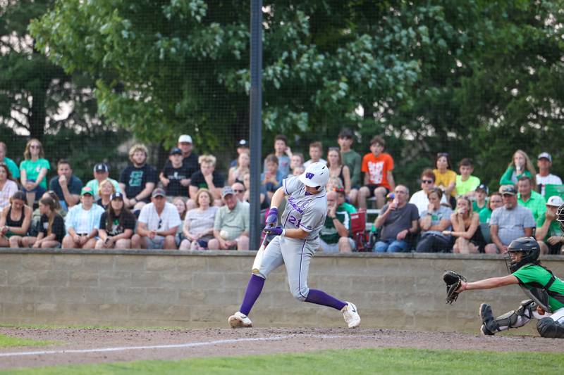 Wilmington's Lucas Rink connects for a hit during the Wildcats' 4-0 loss to Eureka in the IHSA Class 2A Geneseo Super-Sectional on Monday, June 2, 2025.