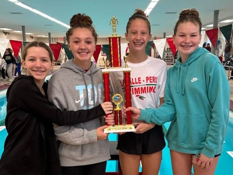 La Salle-Peru co-op's (from left) Anna Weitl, Finley Jobst, Sam Nauman and Emma Short won the L-P pentathlon on Saturday, Sept. 16, 2023 at L-P.