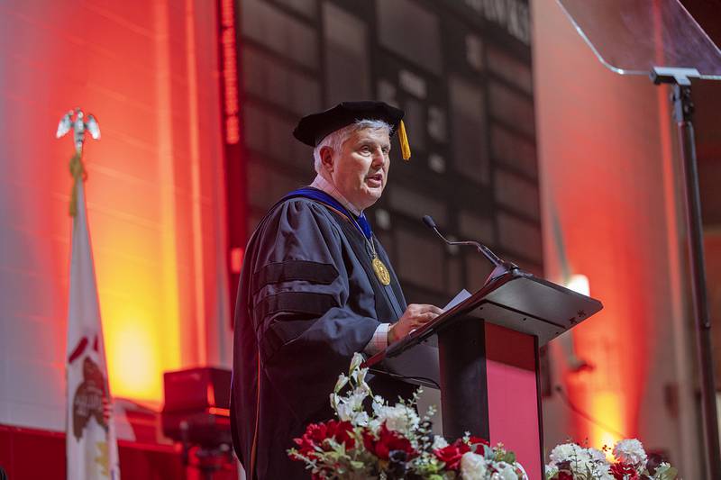 SVCC President Dr. David Hellmich addresses the graduates Friday, May 15, 2026, during the school’s commencement ceremony. The retiring president was awarded the President Emeritus status for his 11 years as head of the college.