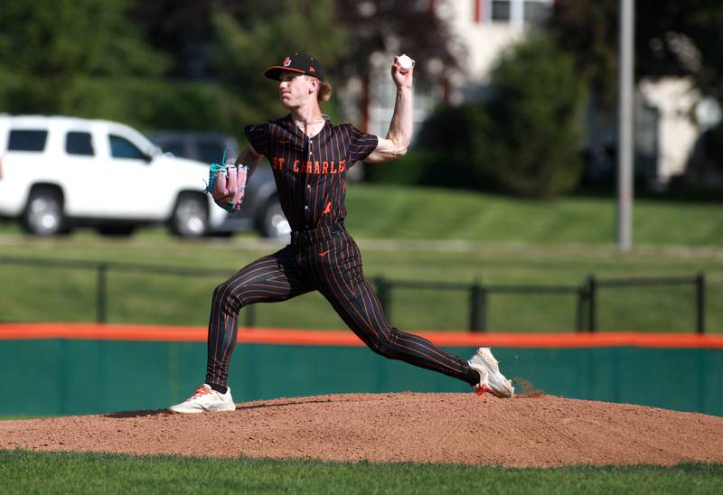 St. Charles East's Joey Arend pitches during a game against Geneva on Tuesday, May 13, 2024 in St. Charles.
