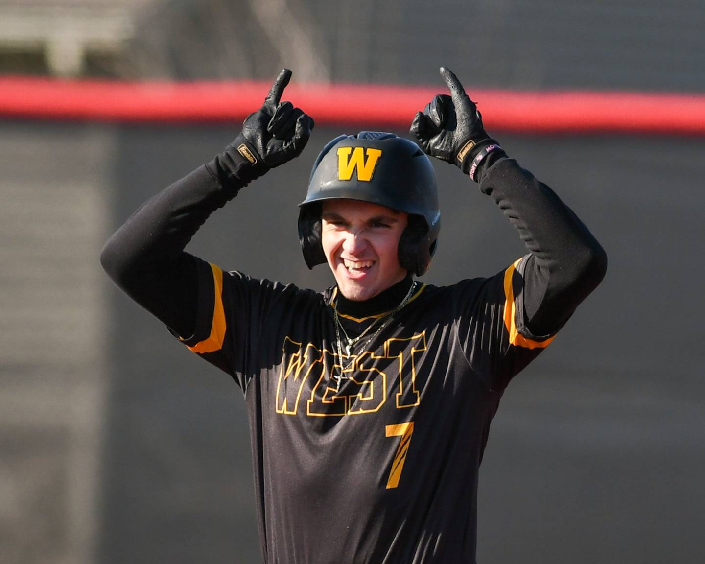 Joliet West's Mark Spoto (7) celebrates his double during the game on Tuesday April 8, 2025, while traveling to take on Yorkville High School.