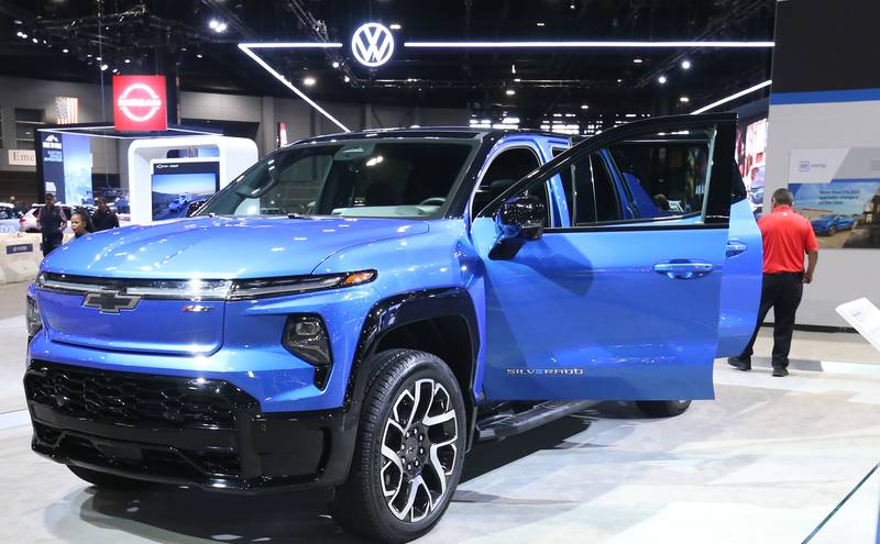 A view of a 2024 EV RST Chevrolet pickup truck on Thursday, Feb. 8, 2024 during the Chicago Auto Show in McCormick Place.