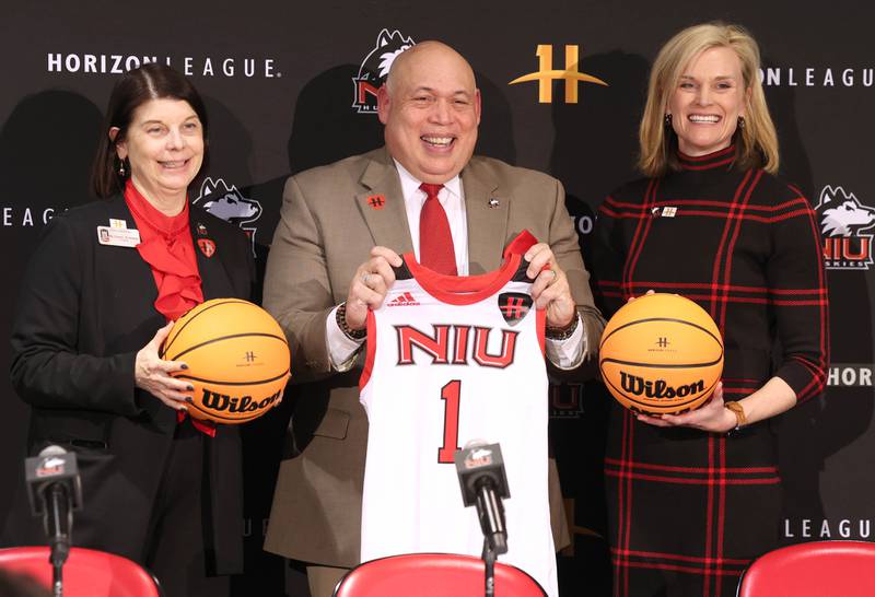 Northern Illinois University President Lisa Freeman, (left) Sean Frazier, NIU vice president and director of athletics, and recreation, and Horizon League Commissioner Julie Roe Lach (right) pose for a photo during a press conference Thursday, Feb. 27, 2025, at the Convocation Center to announce that NIU will be joining the Horizon League starting with the fall 2026 season for most sports other than football.