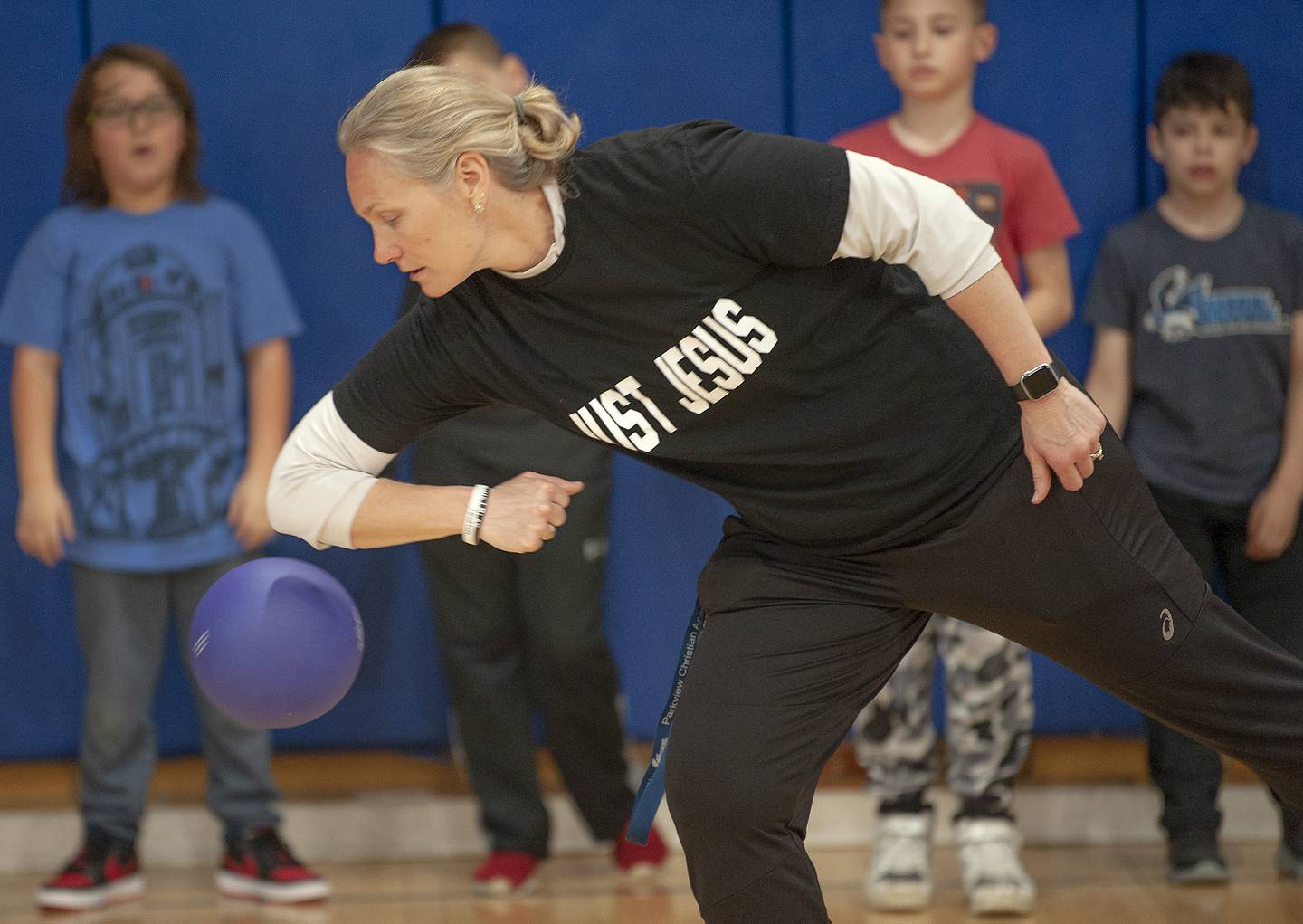 Parkview Christian coach Kayla Linden leads a gym class at the lower campus in Yorkville on Wednesday, April 13, 2022.