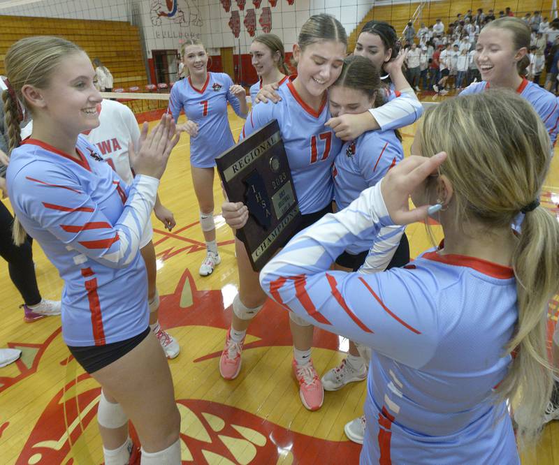 The Ottawa Lady Pirates celebrate after defeating Streator in two sets for the Regional Championship. The Lady Pirates have not won a volleyball Regional since 1995.