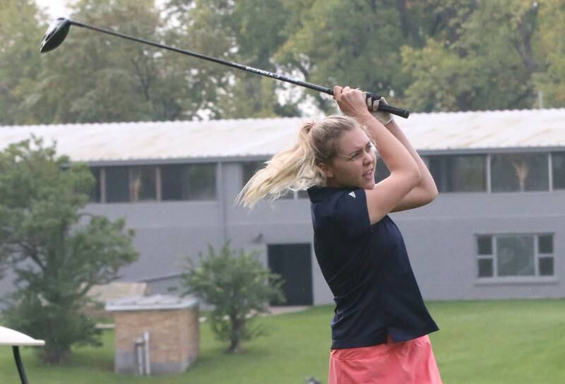 Fieldcrest's Gwyneth Frei tees off during the Class 1A Regional golf meet on Thursday, Sept. 28, 2023 at Spring Creek Golf Course in Spring Valley.