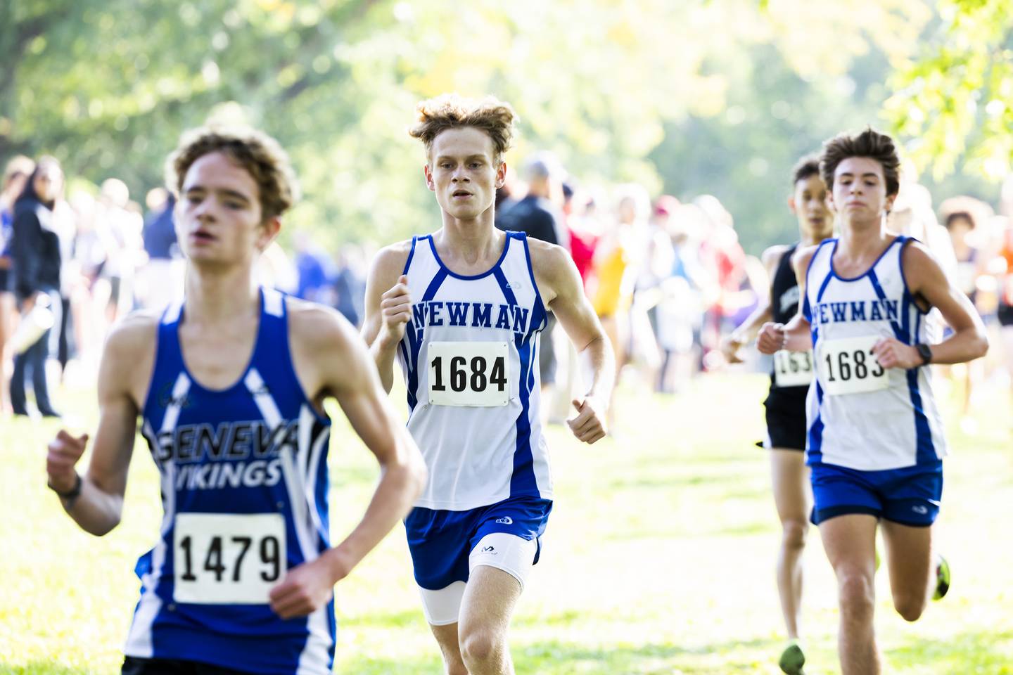 Newman’s Lucas Simpson (left) and Lucas Schaab compete in the Rock River Run Saturday, Sept. 23, 2023 at Hoover Park in Sterling.