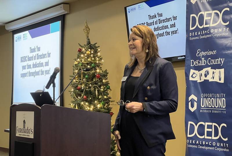 DeKalb County Economic Development Corporation Executive Director Melissa Amedeo spoke about Elevate, corporation's young professionals organization, on Dec. 13, 2024, at a year-end event for the corporation.
