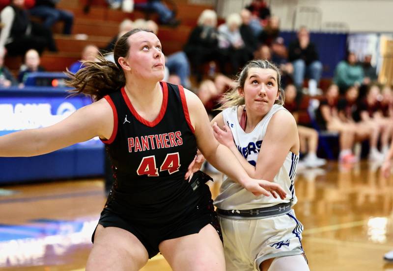 E-P's Ayden Klendworth battles Princeton freshman Krishlyn Lanham for position Tuesday night at Prouty Gym. The visiting Panthers won 51-40.