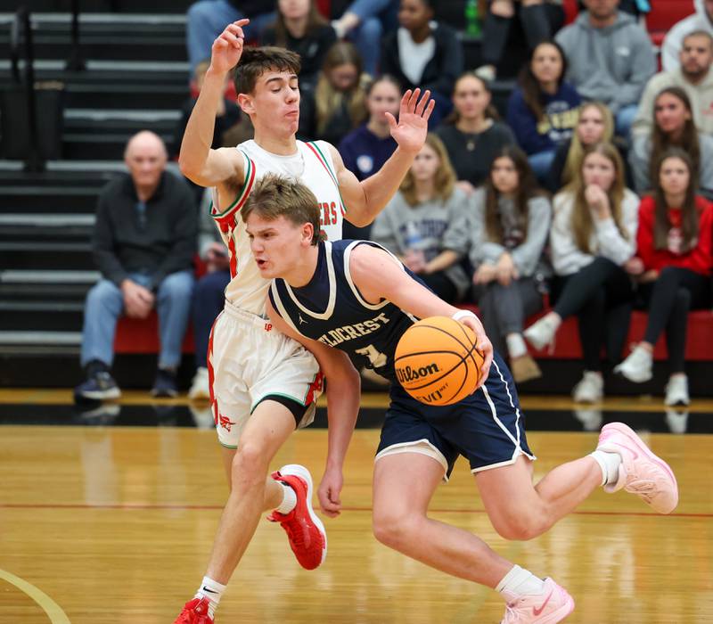 Eddie Lorton of Fieldcrest dribbles against Nick Olivero of L-P on Saturday, December 14, 2024 at Hall High School in Spring Valley.