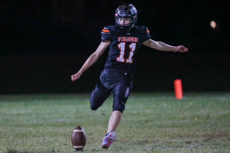 Connor Decker of Flanagan Cornell Woodland kicks ball on Friday, October 25, 2024 at Flanagan High School in Flanagan.