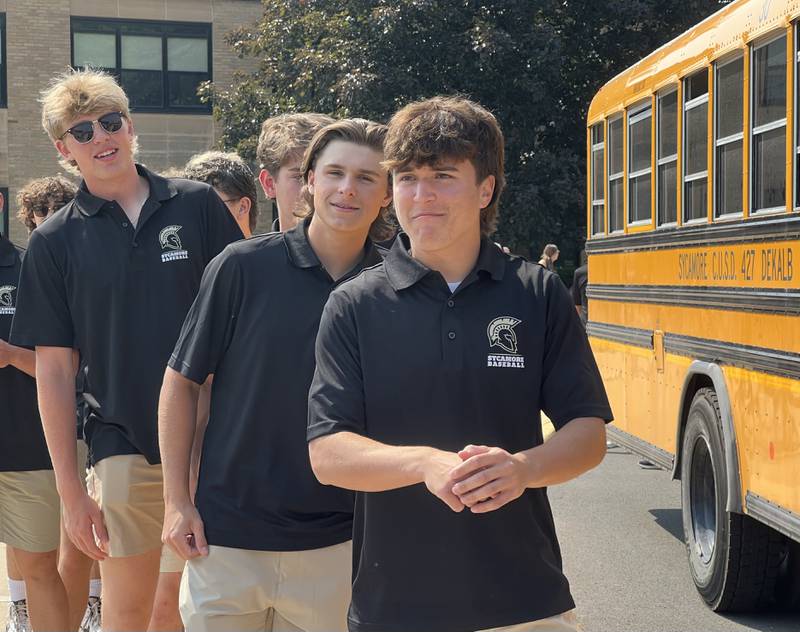 Members of the Sycamore High School baseball team on Thursday, June 8, 2023 board the bus that will take them to Joilet, where they will play against Nazareth at noon Friday in a semifinal at Duly Health and Care Field in Joliet.