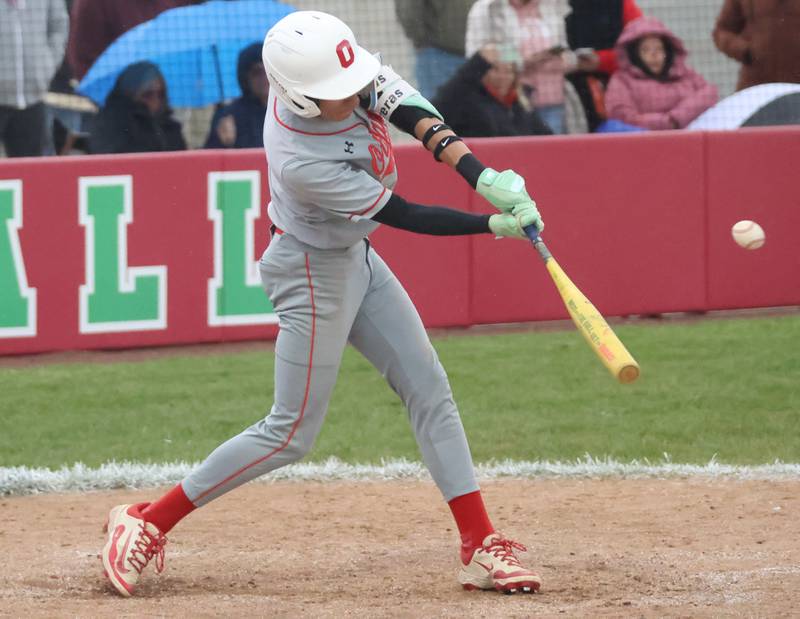 Ottawa's Rizon Contreras gets a hit against L-P on Thursday, April 30, 2026 at Huby Sarver Field in the L-P Athletic Complex in La Salle.