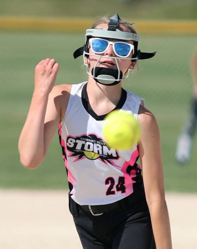 Kishwaukee Valley Storm's Reese Kokaska fires a pitch Friday, June 24, 2022, during their 12u game against the Midwest Aftershock in the 22nd annual Storm Dayz tournament at the Sycamore Community Sports Complex.