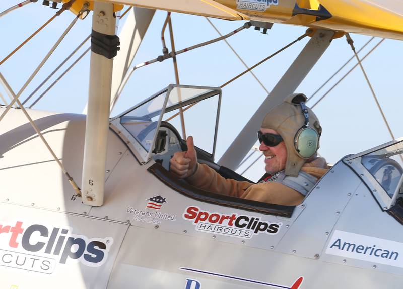 Veteran Marvin Hill of Peru, gets ready to depart in a 1942 Boeing Stearman A-75 Primary Trainer during a Veteran Dream Flight on Tuesday, Sept 2, 2025 at the Illinois Valley Regional Airport in Peru.