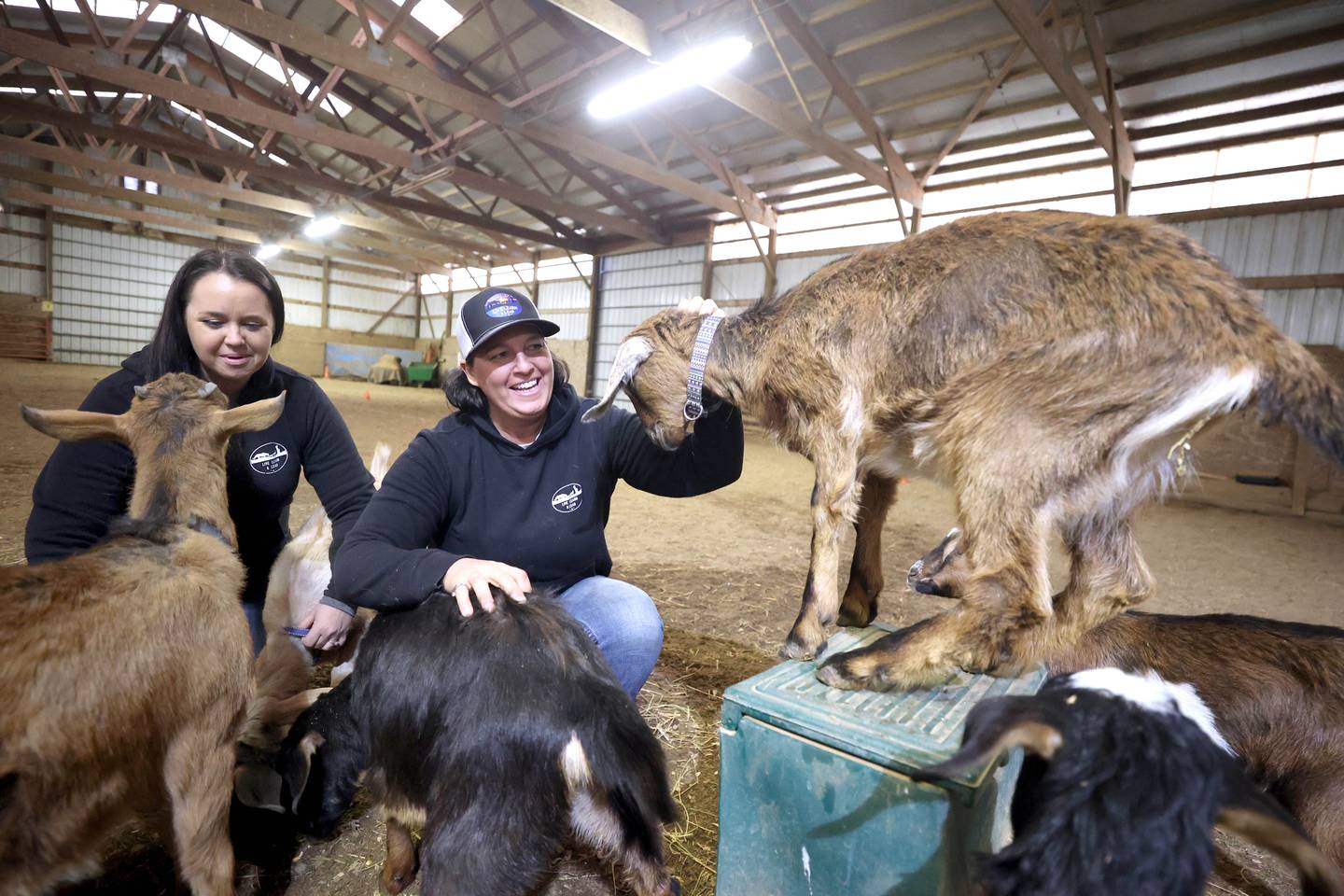 Didi Dowling, owner and executive director of Live, Learn and Lead, (right) and Cathy Best, executive director of programs, pet some of the goats Friday, March 31, 2023, at their barn in Hampshire.