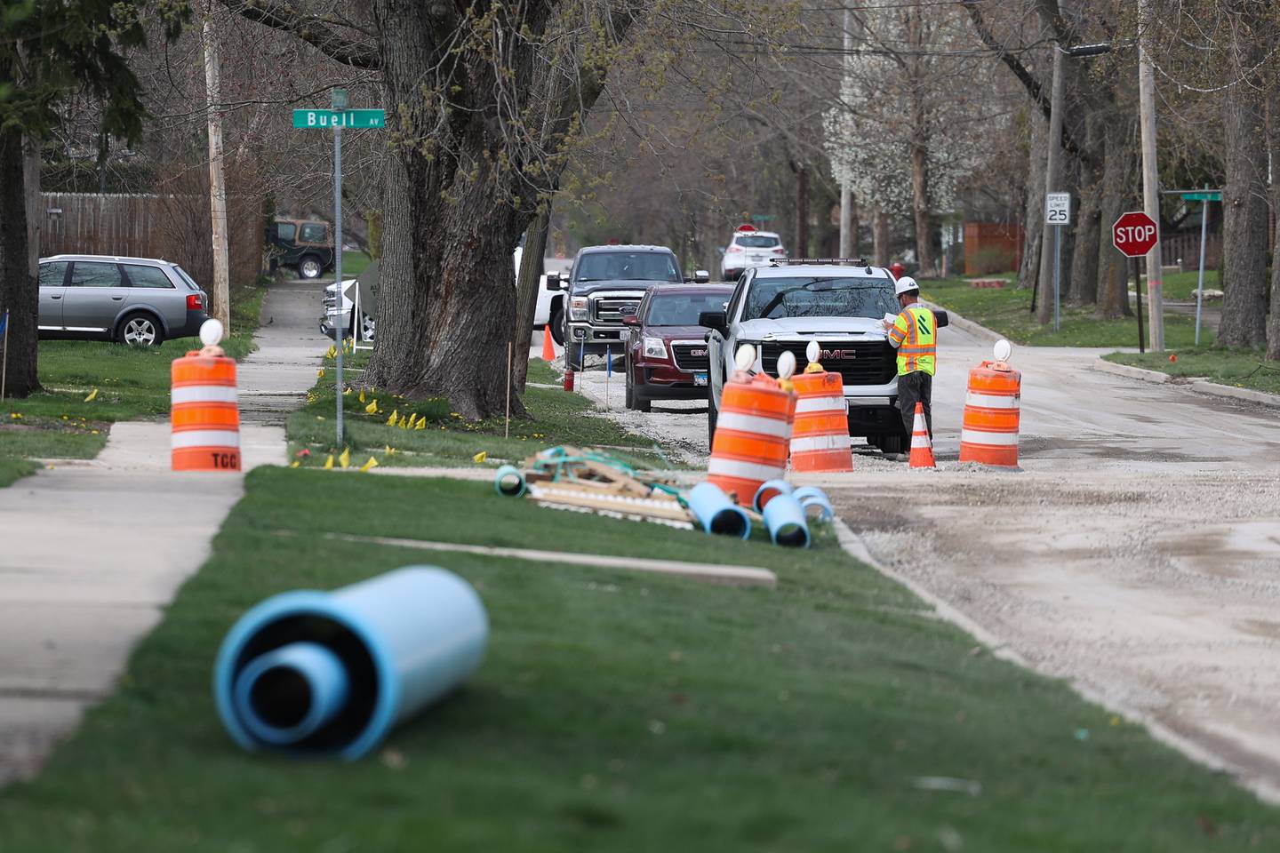 Crews work along North Prairie Ave. on Wednesday, April 10, 2024 in Joliet.