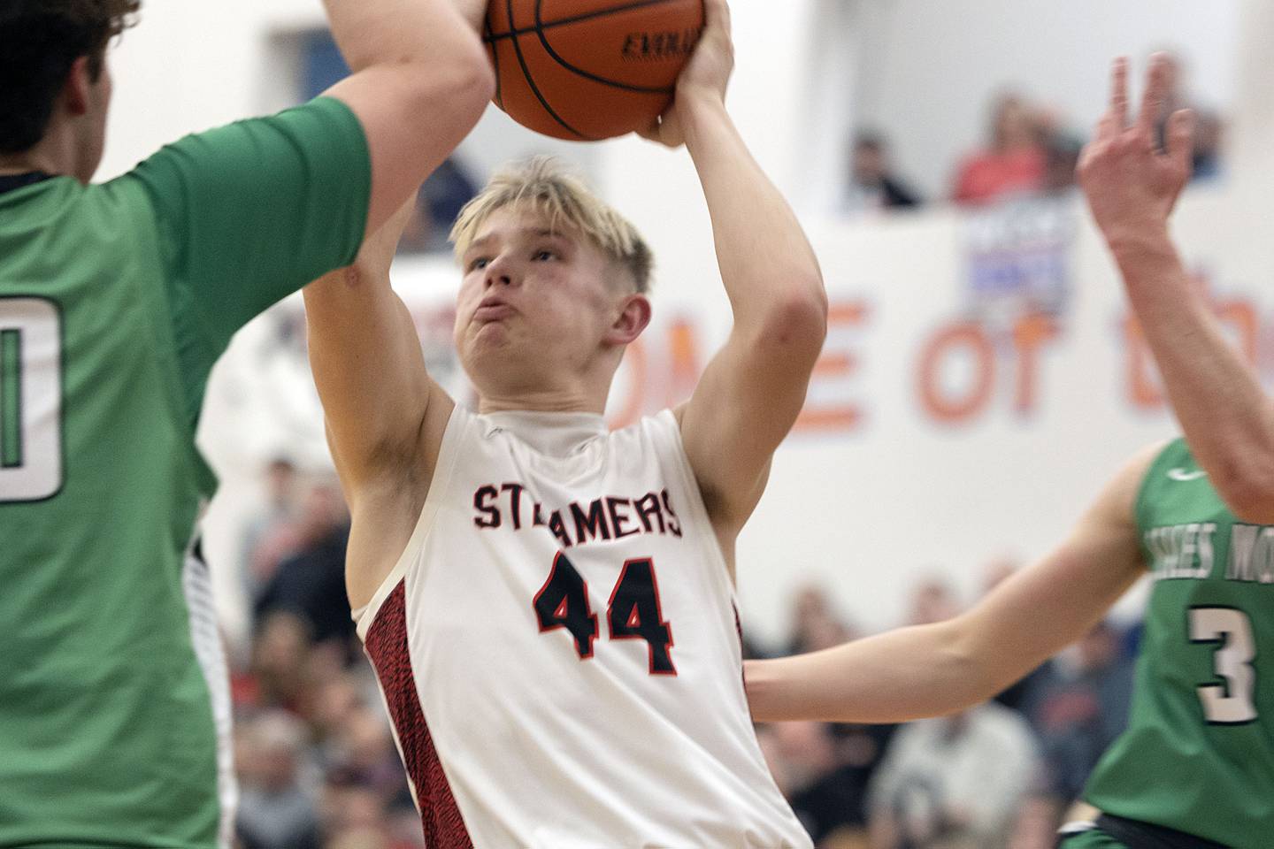 Fulton’s Dom Kramer goes to the hoop against Scales Mound Friday, March 3, 2023 in the 1A sectional final in Lanark.
