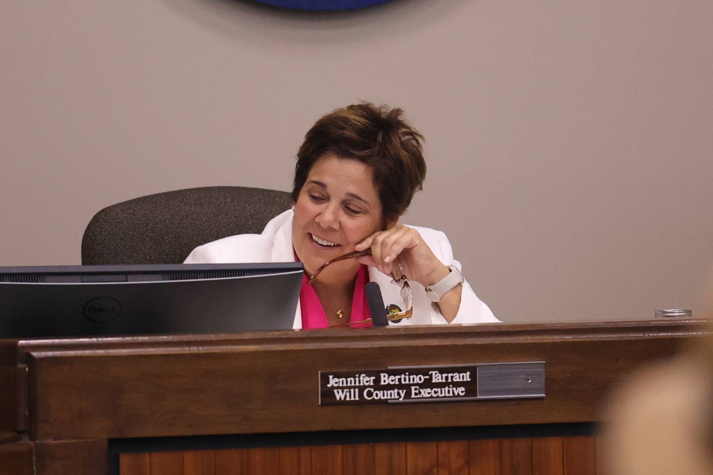 Will County Executive Jennifer Bertino-Tarrant sit in on the Will County board meeting on Thursday, Aug. 17, 2023 in Joliet.