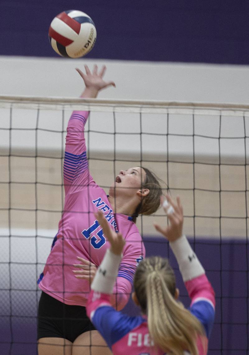 Newman’s Lucy Oetting plays the ball against Dixon Thursday, Oct. 2, 2025.