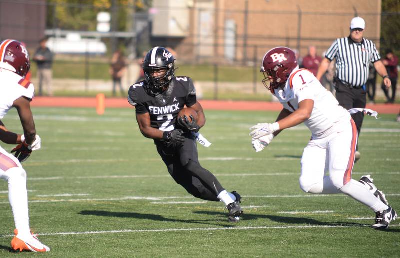 Fenwick's Treston Smith goes up against  Brother Rice's defense during their playoff game Saturday, Nov. 2, 2024.